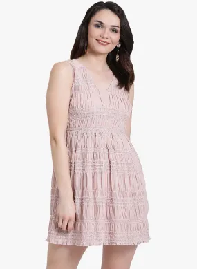 Clear Button Mesh Shoulder V Neck Dress