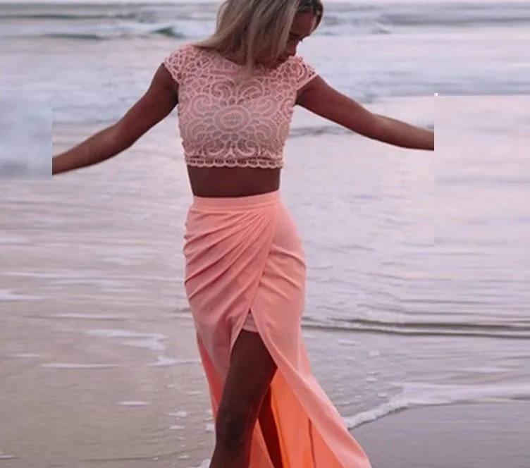 Clearance Scoop Lace Crop Top Split Long Skirt Dress Suit