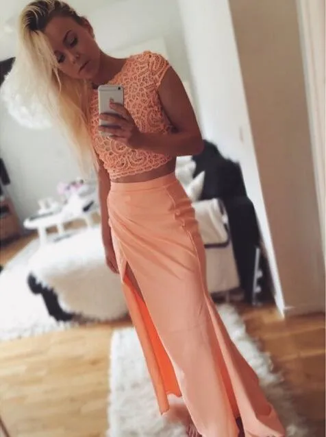 Clearance Scoop Lace Crop Top Split Long Skirt Dress Suit
