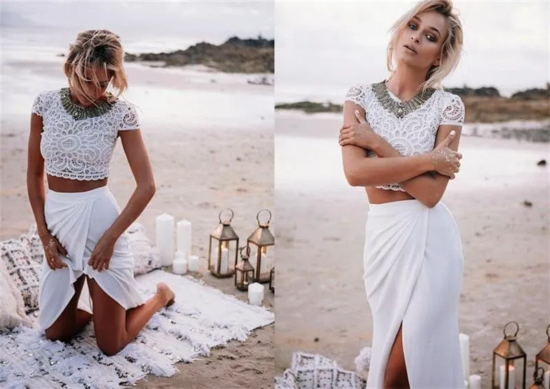 Clearance Scoop Lace Crop Top Split Long Skirt Dress Suit