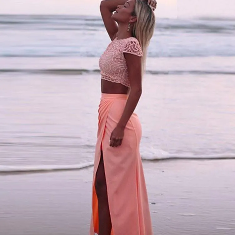 Clearance Scoop Lace Crop Top Split Long Skirt Dress Suit