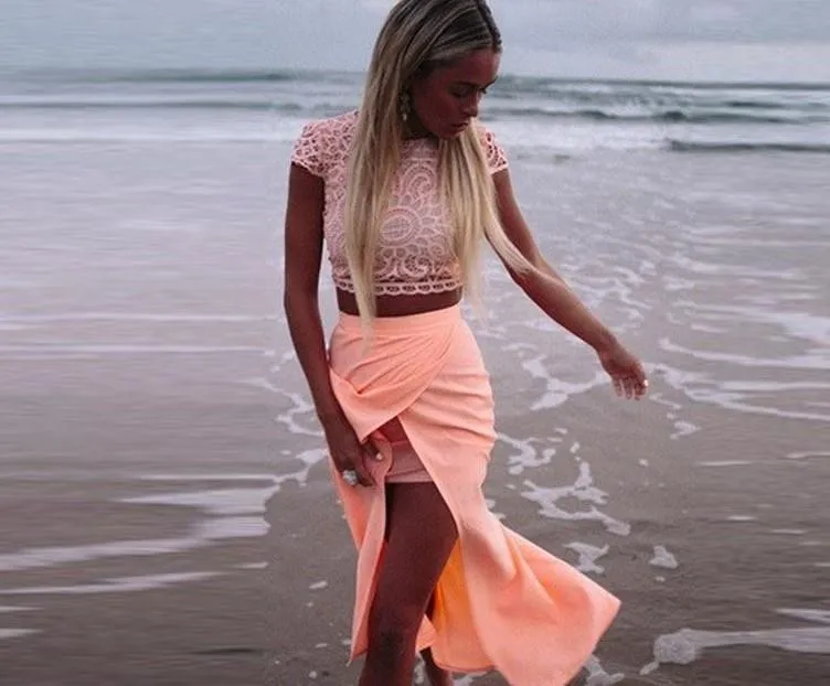 Clearance Scoop Lace Crop Top Split Long Skirt Dress Suit