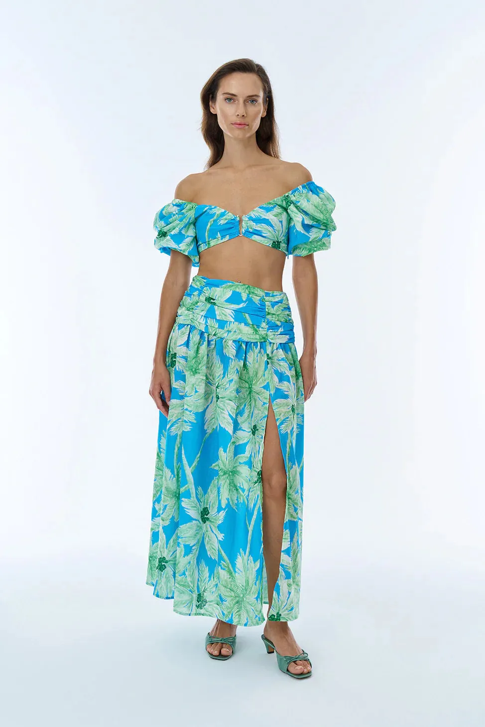 Colorful Patterned Slit Midi Skirt Mint