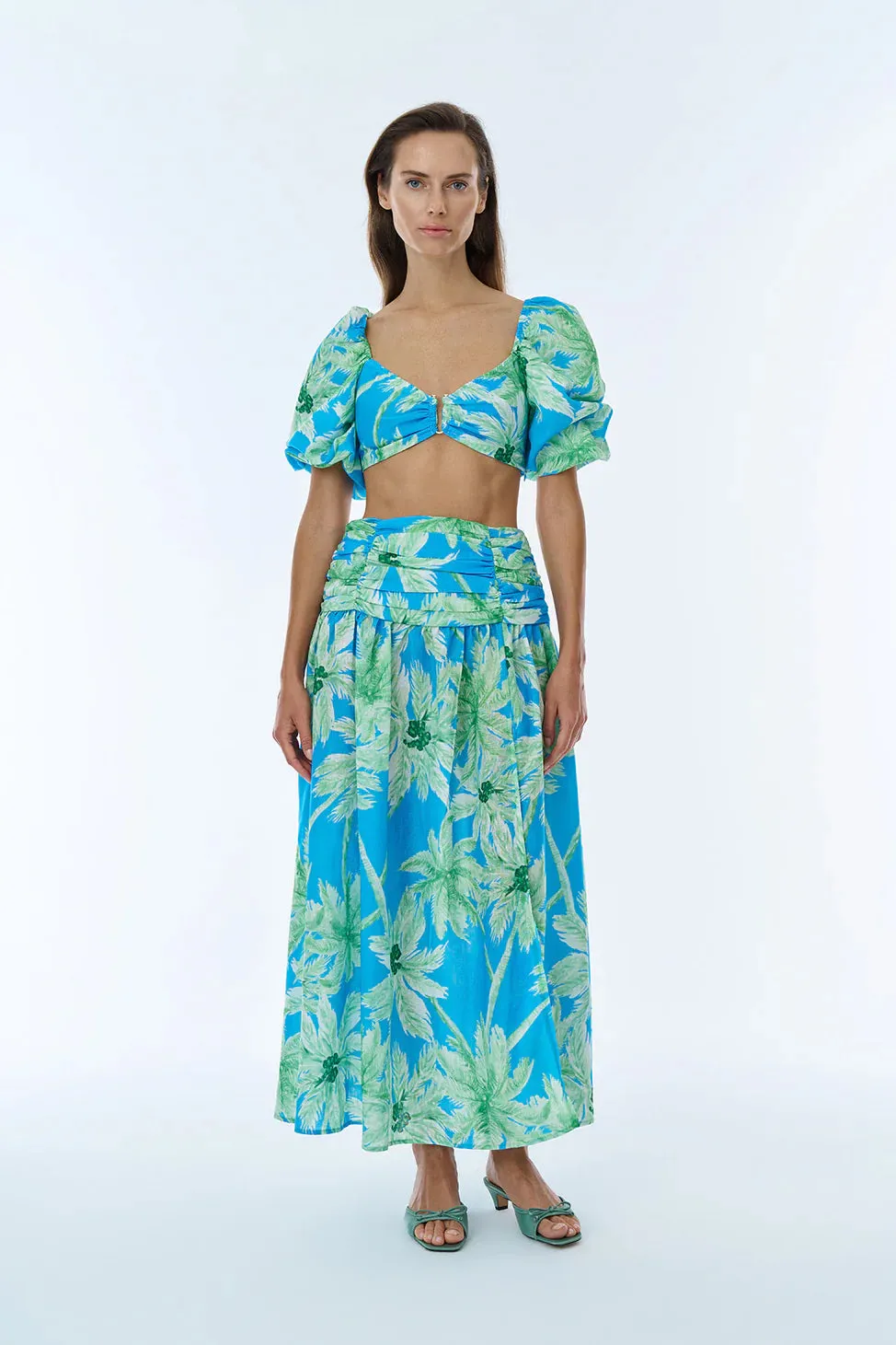 Colorful Patterned Slit Midi Skirt Mint