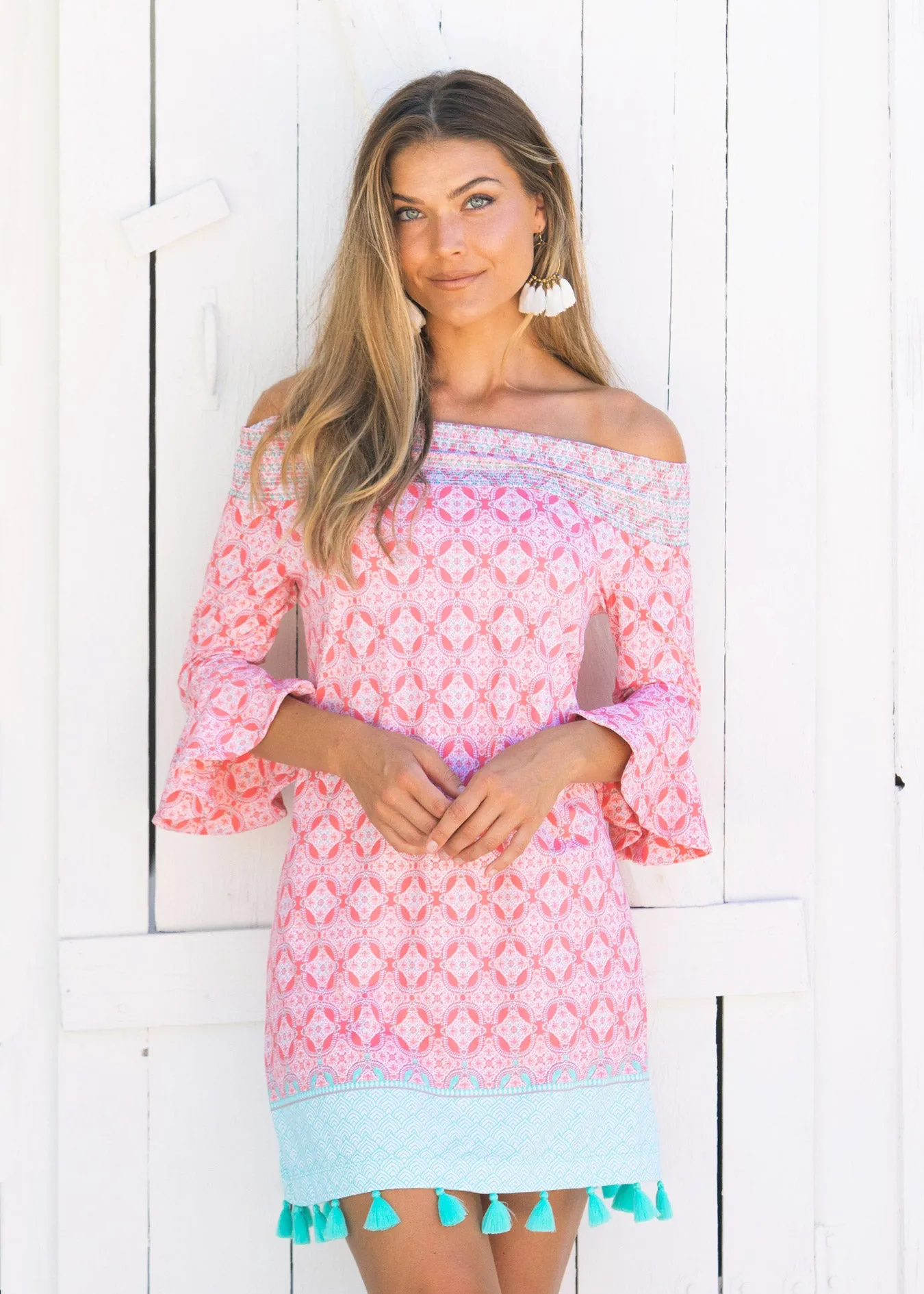 Coral Tides Off the Shoulder Dress