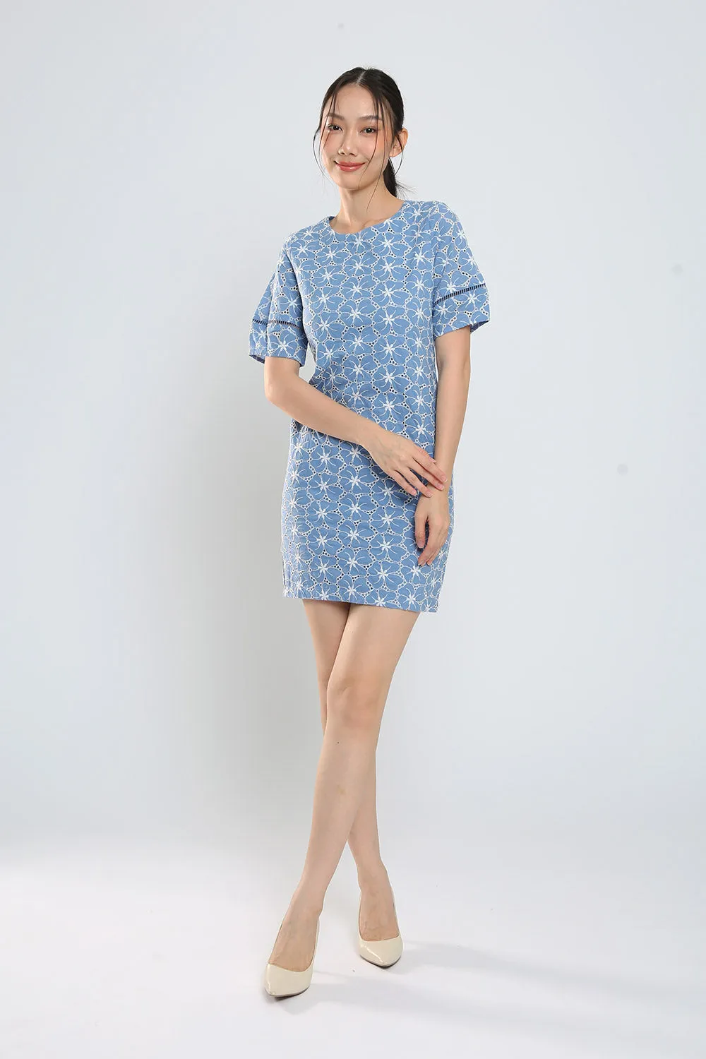 Corey Midi Dress in Blue Eyelet