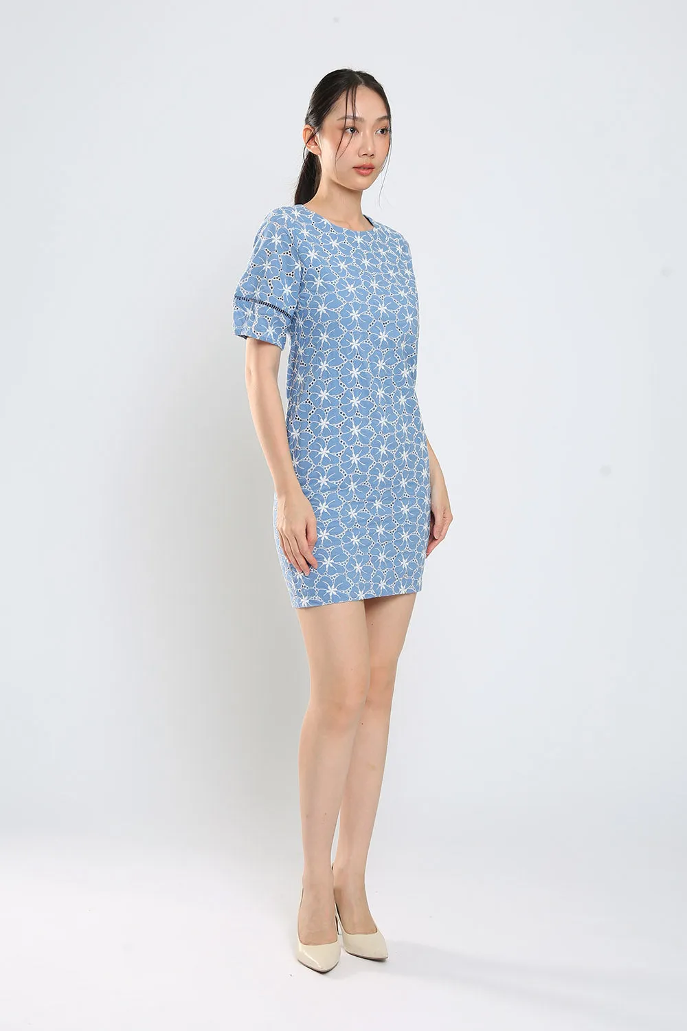 Corey Midi Dress in Blue Eyelet