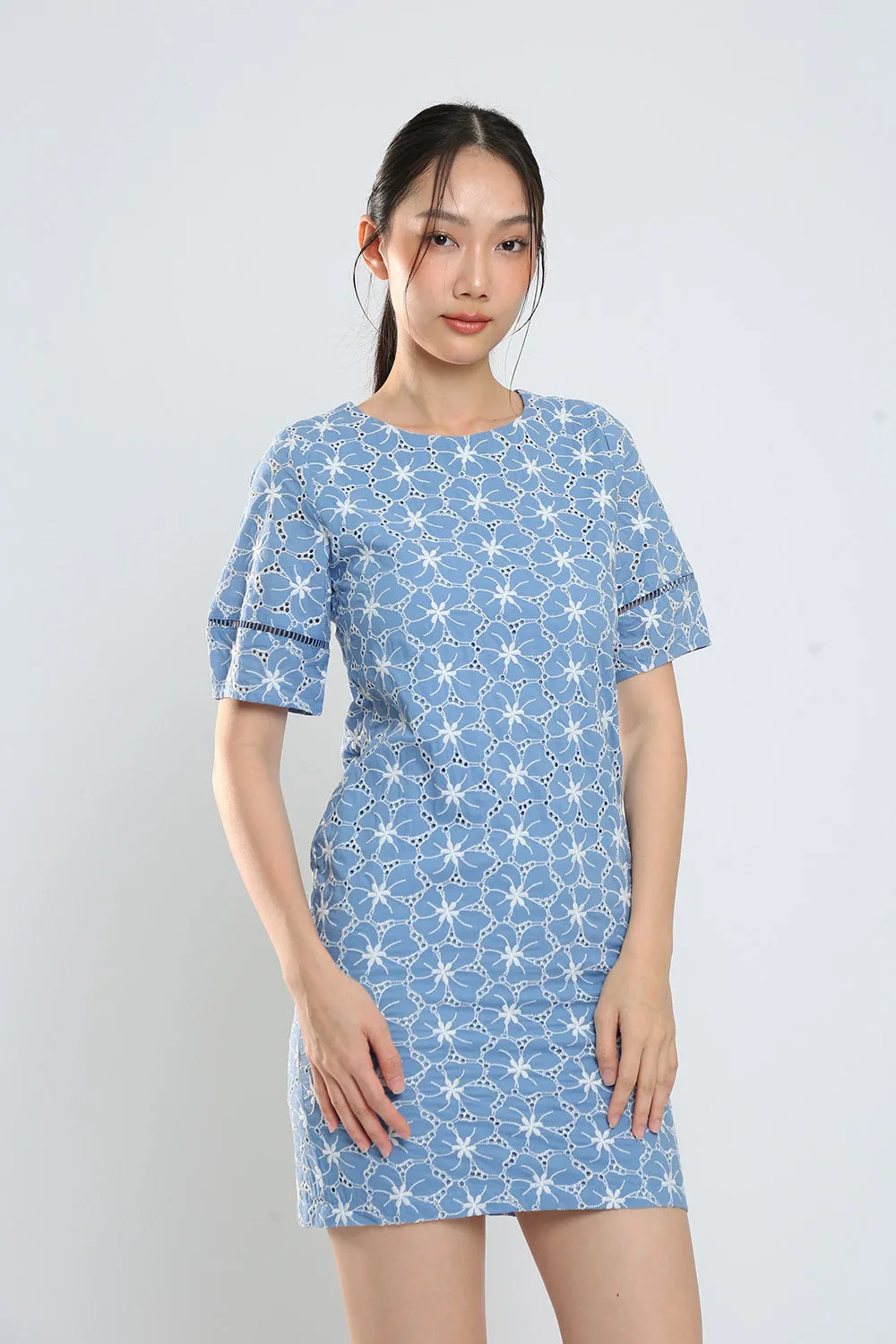 Corey Midi Dress in Blue Eyelet