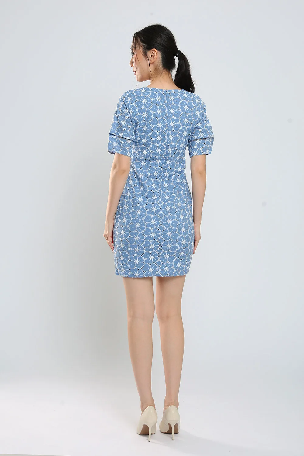 Corey Midi Dress in Blue Eyelet