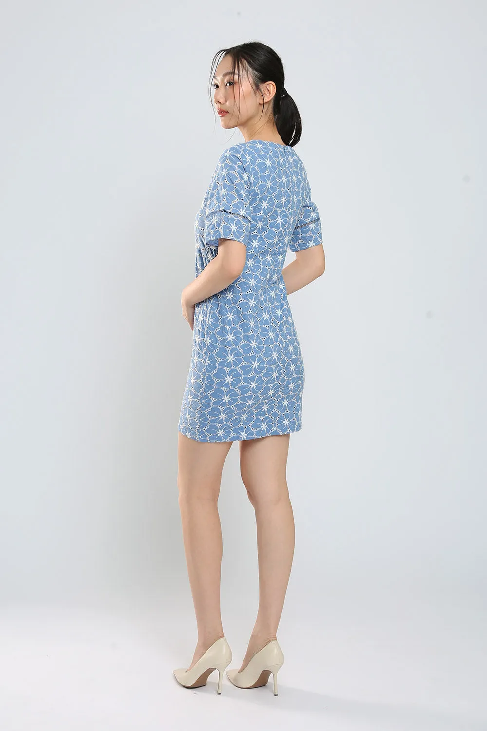 Corey Midi Dress in Blue Eyelet
