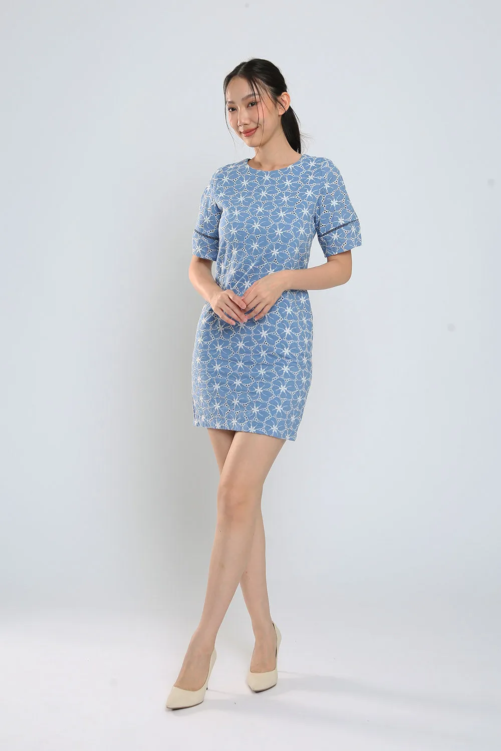 Corey Midi Dress in Blue Eyelet