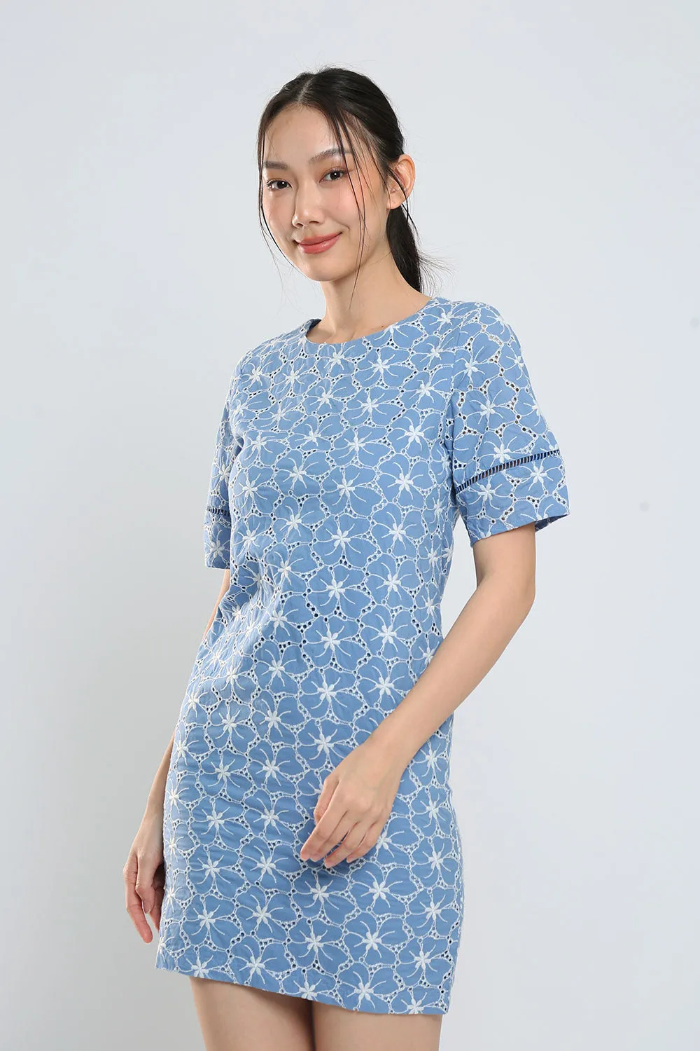 Corey Midi Dress in Blue Eyelet