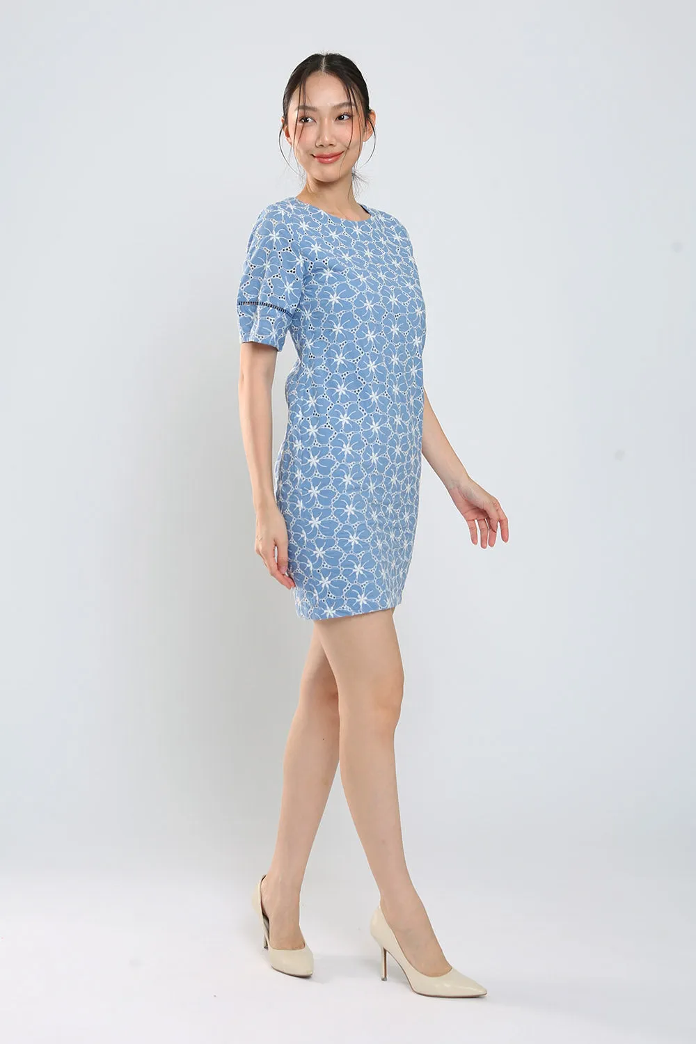 Corey Midi Dress in Blue Eyelet