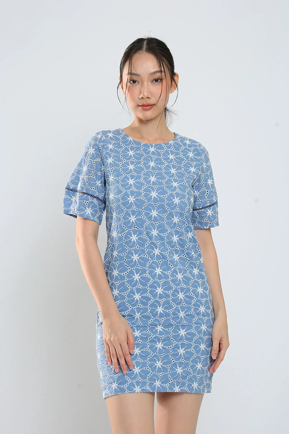 Corey Midi Dress in Blue Eyelet