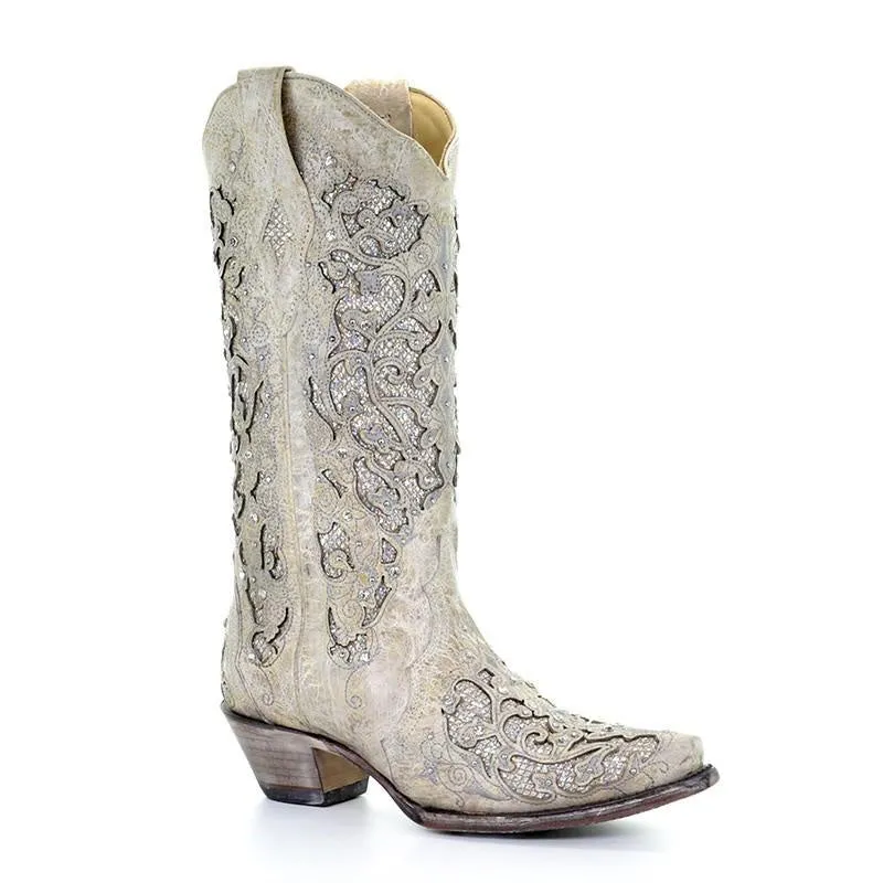 Corral Women's Boot A3322 White Glitter Crystals Wedding Boot