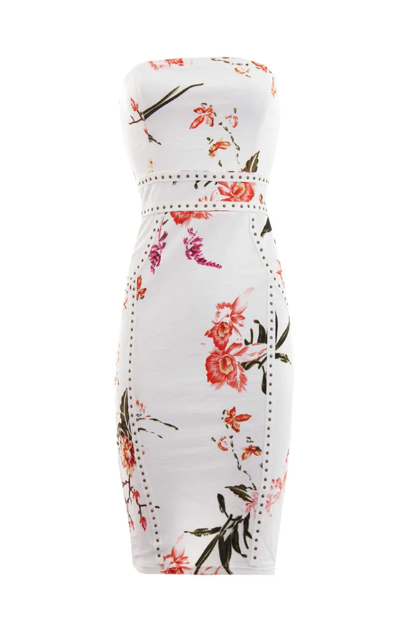 Cream Floral Bandeau Bodycon Midi Dress