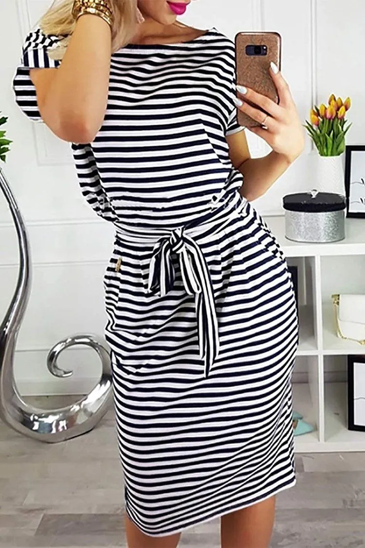 Crewneck  Cap Sleeve Stripe Belted Waist Summer Dress