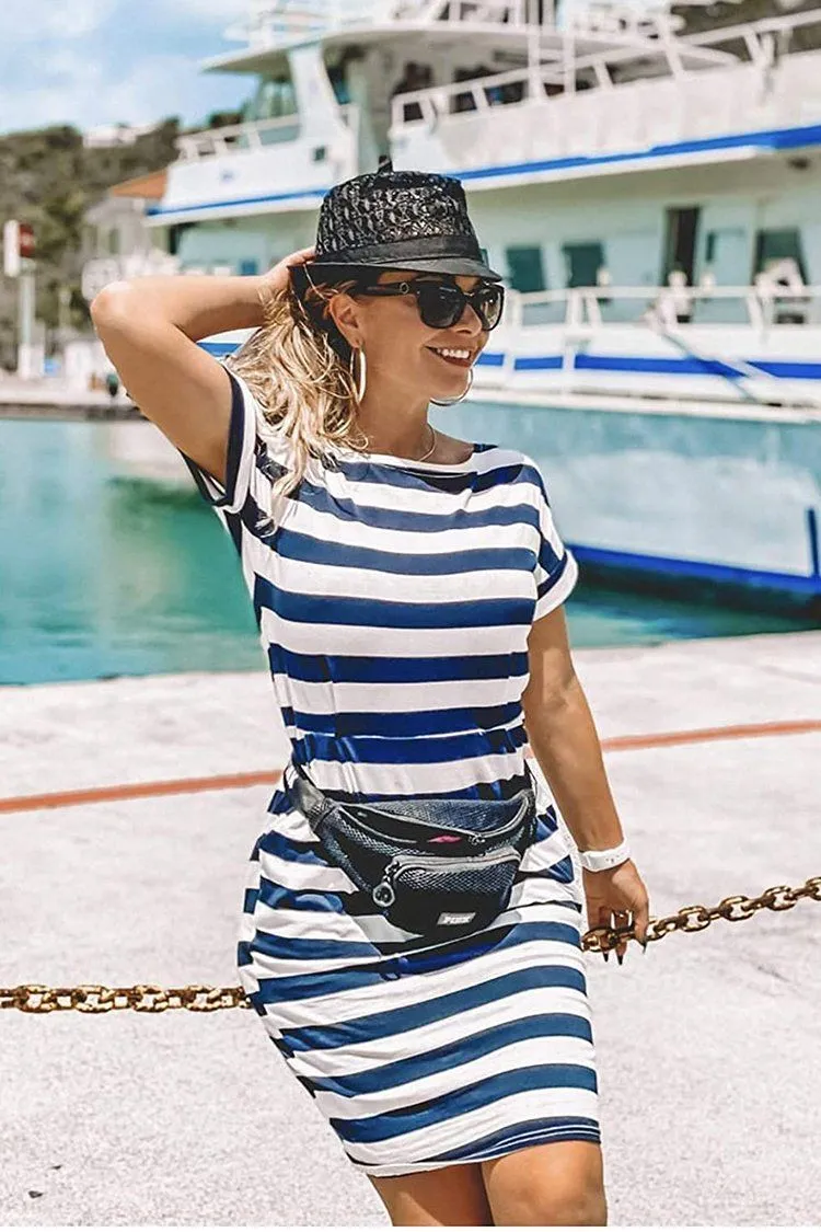 Crewneck  Cap Sleeve Stripe Belted Waist Summer Dress