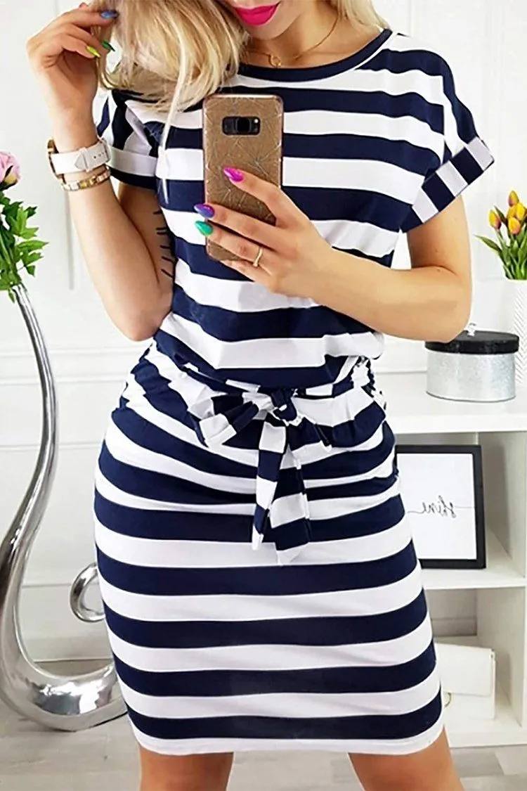 Crewneck  Cap Sleeve Stripe Belted Waist Summer Dress