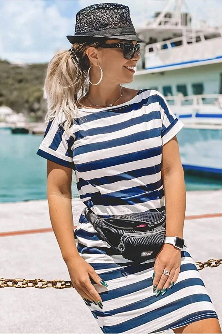 Crewneck  Cap Sleeve Stripe Belted Waist Summer Dress
