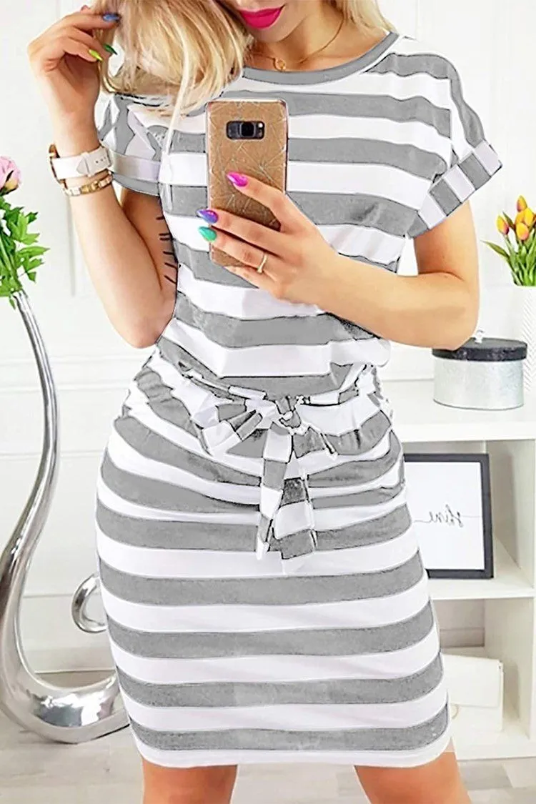 Crewneck  Cap Sleeve Stripe Belted Waist Summer Dress