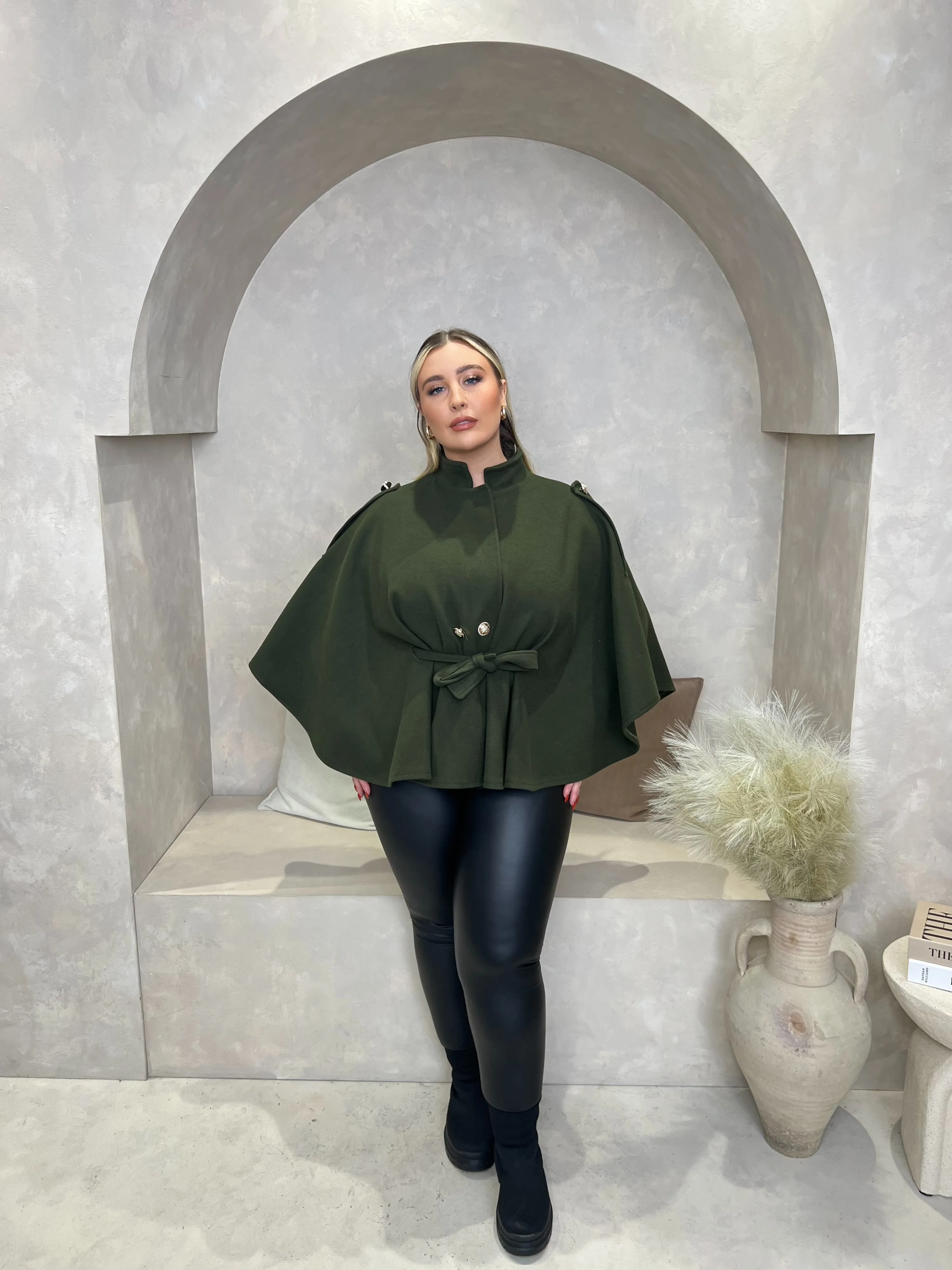 Curve Khaki Tie Belt Shoulder Detail Cape