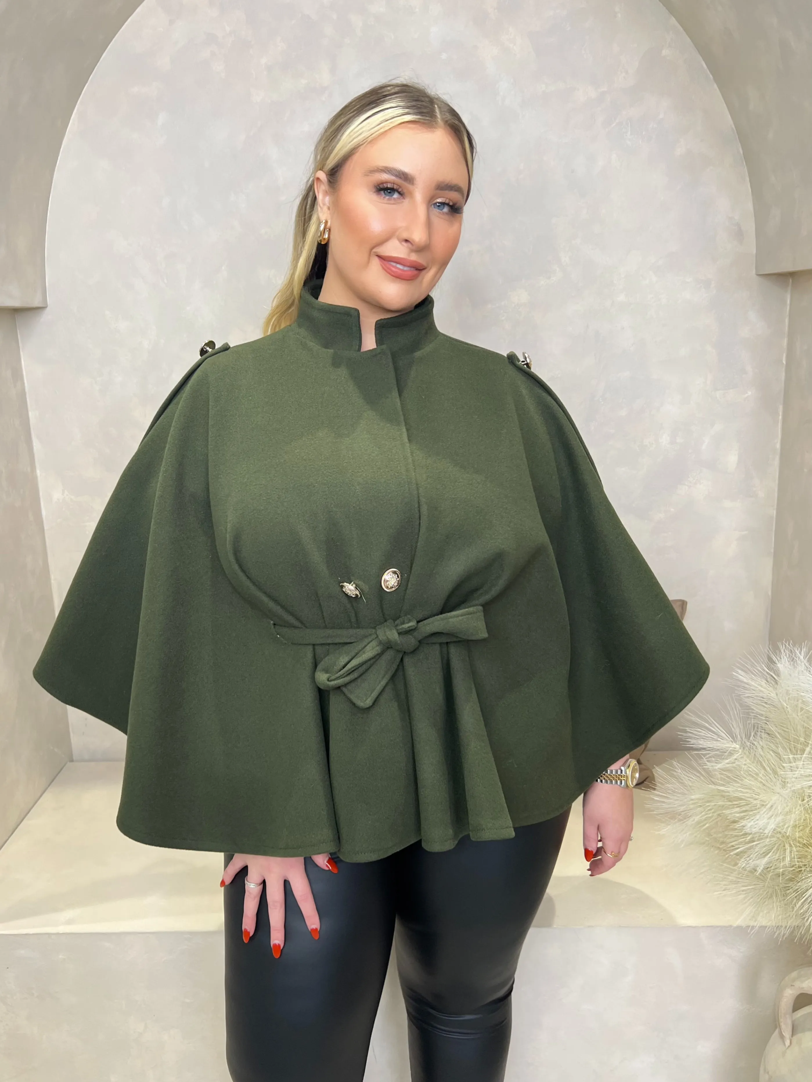 Curve Khaki Tie Belt Shoulder Detail Cape