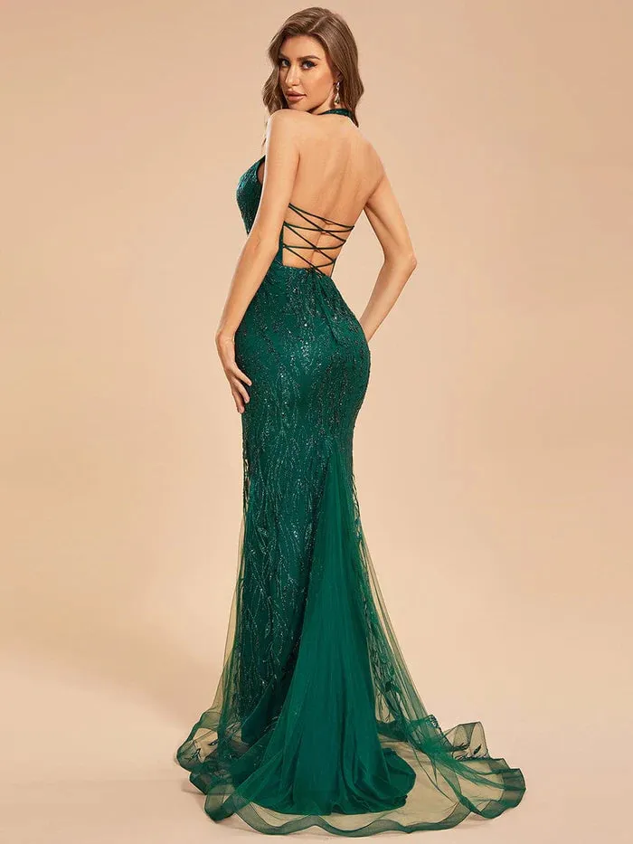 Custom Size Sequins Halter Neck Bodycon Mermaid Prom Dress with Back Lace-Up