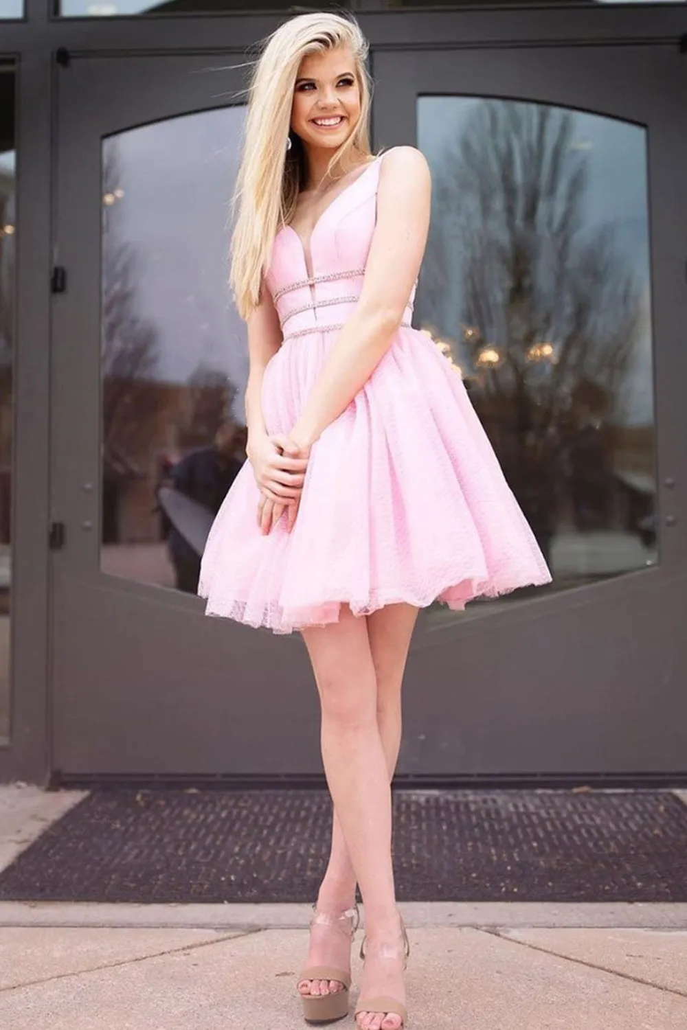 Cute V Neck Pink Short Prom Dress with Belt, V Neck Pink Homecoming Dress, Pink Formal Evening Dress A1292