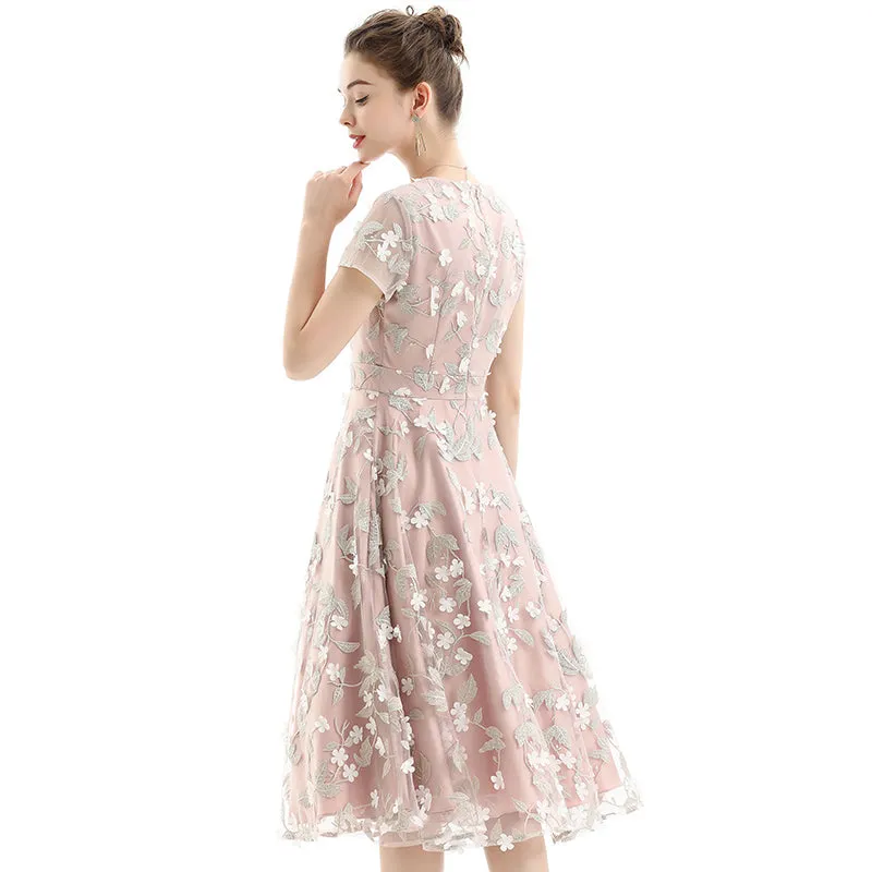 D063 Women 3D flower embroidered organza V neck cap sleeves flared midi evening dress