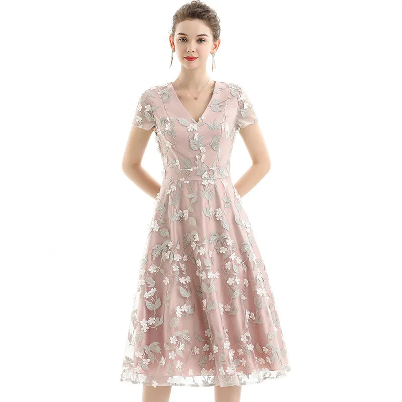 D063 Women 3D flower embroidered organza V neck cap sleeves flared midi evening dress