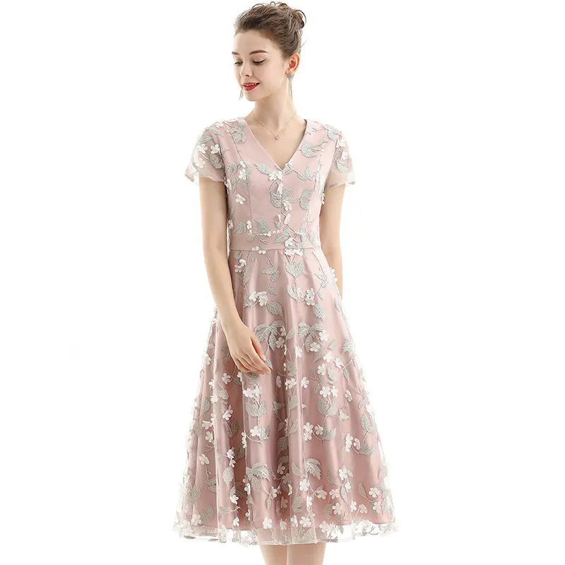 D063 Women 3D flower embroidered organza V neck cap sleeves flared midi evening dress