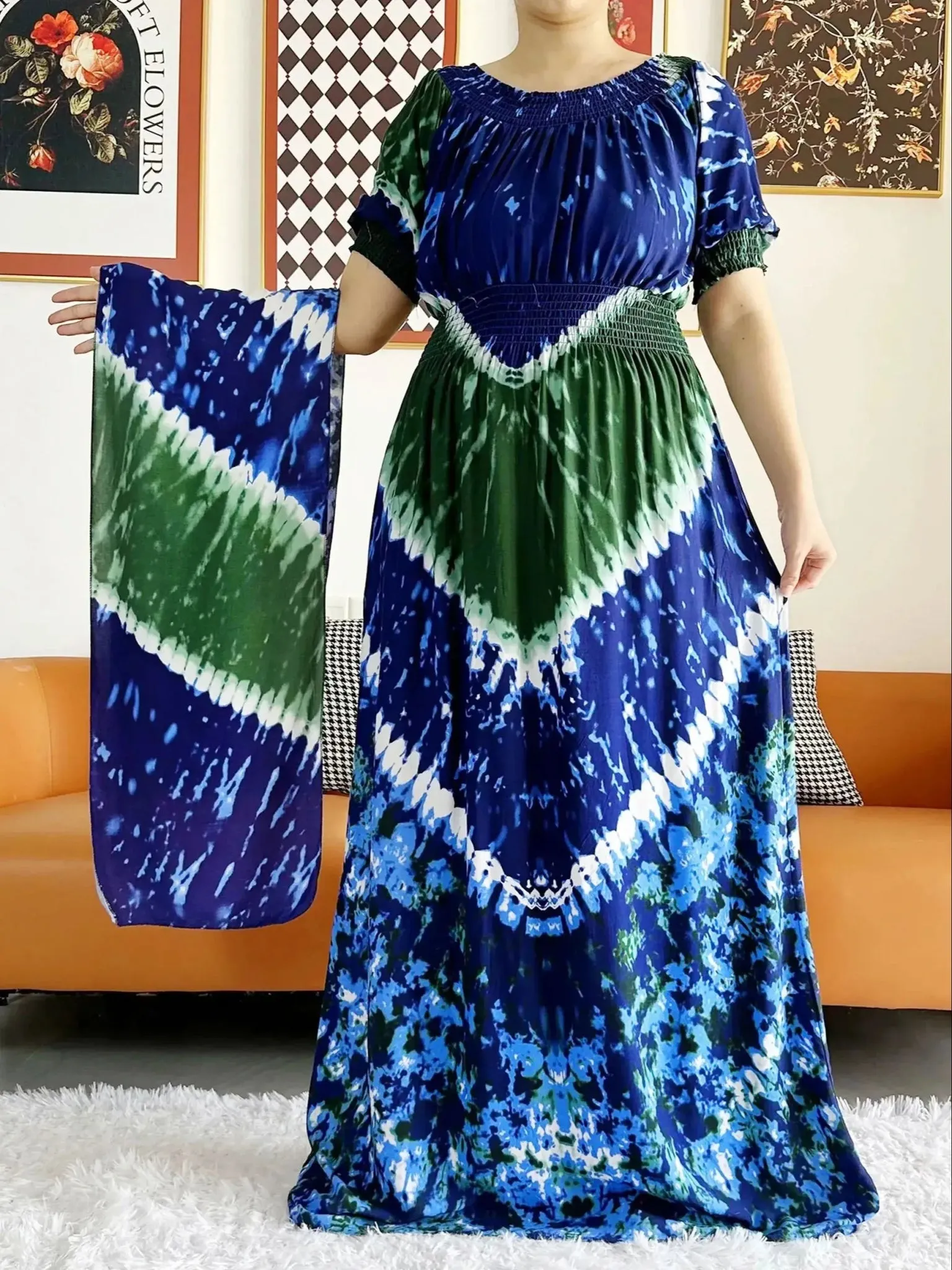 Dashiki Cotton Floral Print Dress for Women - Vibrant Tie-dye Design, Short Sleeves