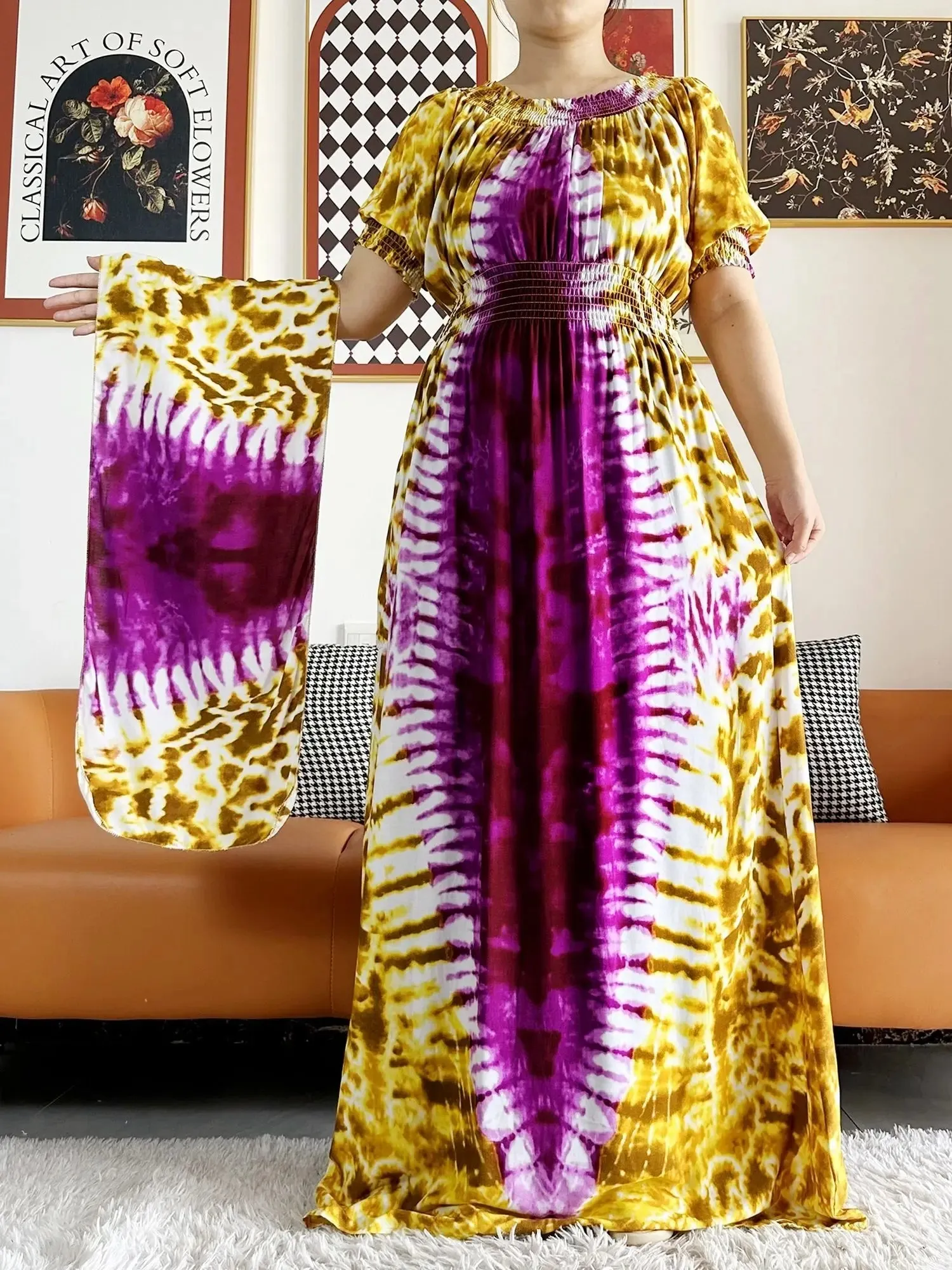 Dashiki Cotton Floral Print Dress for Women - Vibrant Tie-dye Design, Short Sleeves