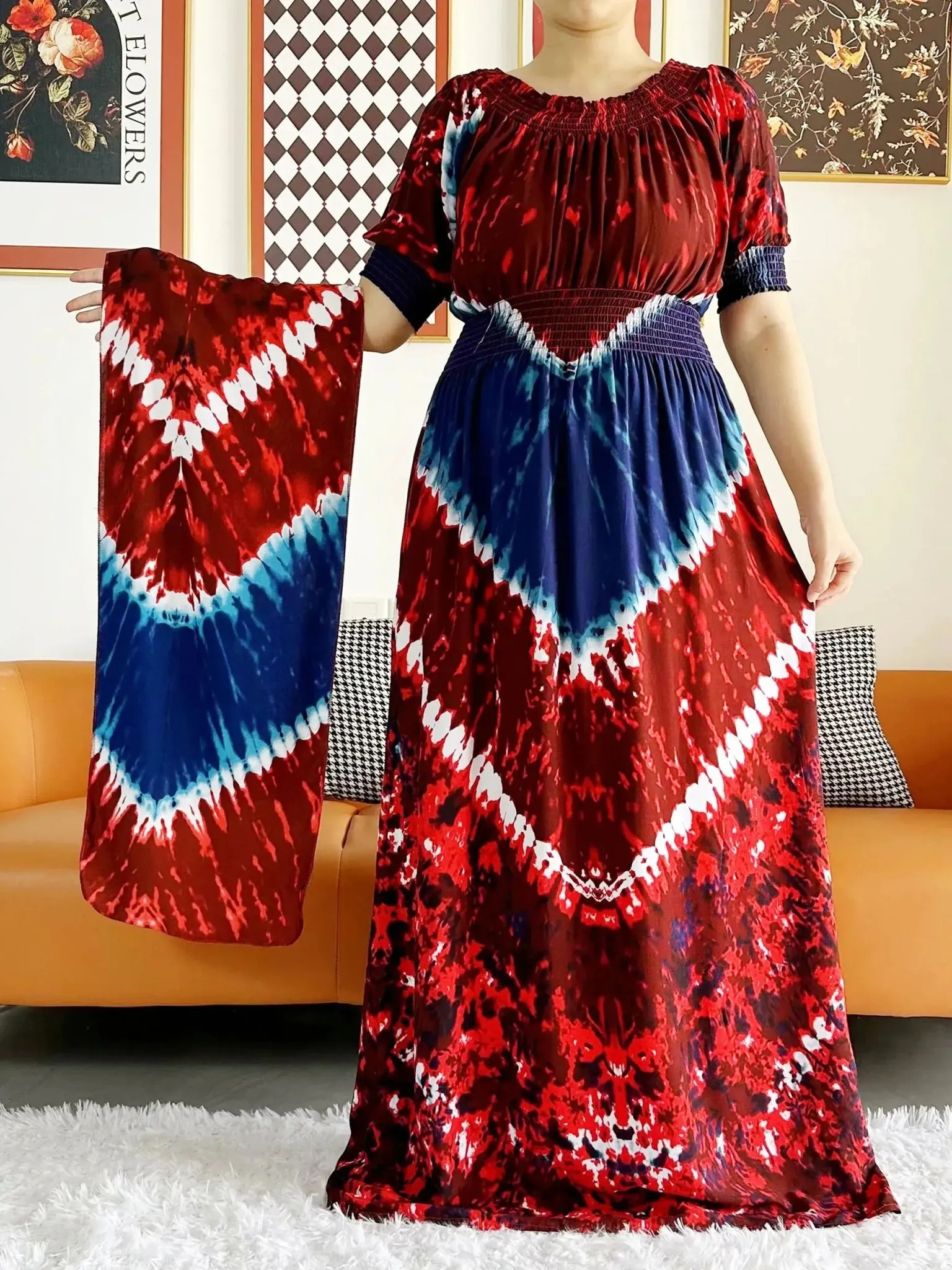 Dashiki Cotton Floral Print Dress for Women - Vibrant Tie-dye Design, Short Sleeves