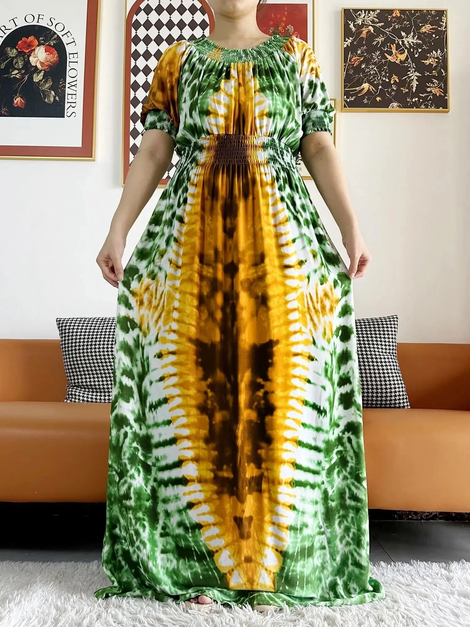 Dashiki Cotton Floral Print Dress for Women - Vibrant Tie-dye Design, Short Sleeves