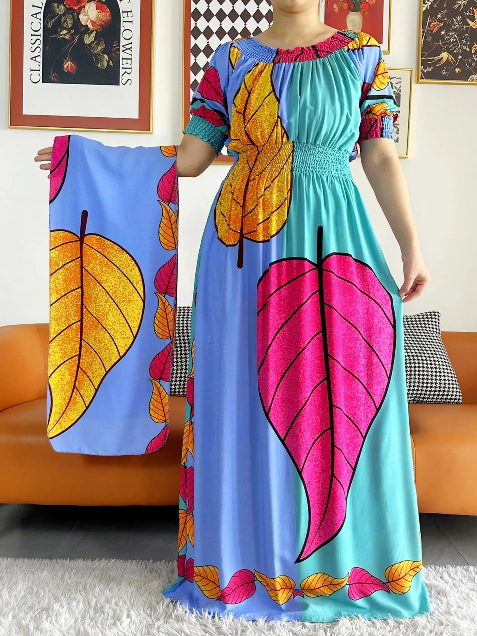 Dashiki Cotton Floral Print Dress for Women - Vibrant Tie-dye Design, Short Sleeves