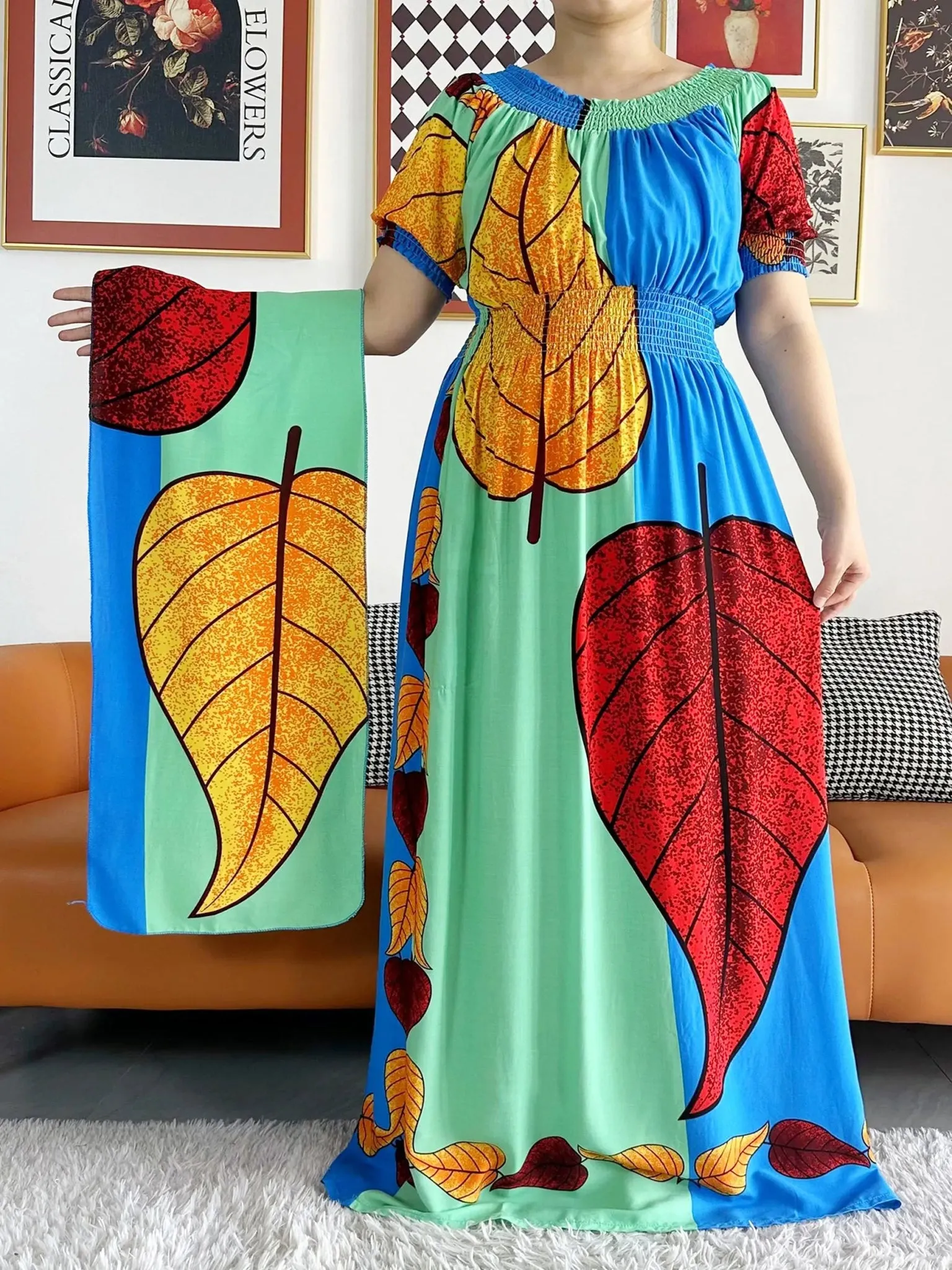 Dashiki Cotton Floral Print Dress for Women - Vibrant Tie-dye Design, Short Sleeves