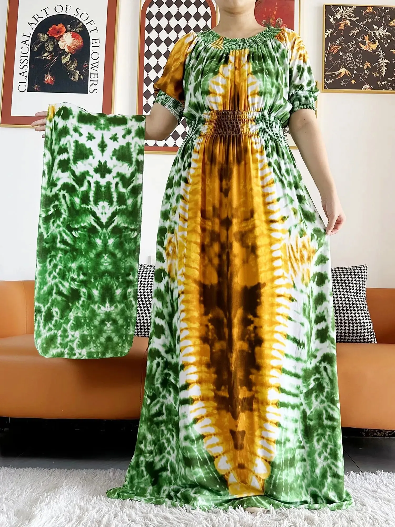 Dashiki Cotton Floral Print Dress for Women - Vibrant Tie-dye Design, Short Sleeves