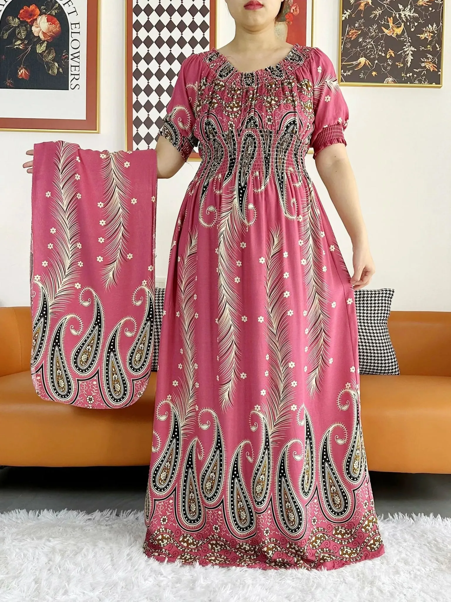 Dashiki Cotton Floral Print Dress for Women - Vibrant Tie-dye Design, Short Sleeves