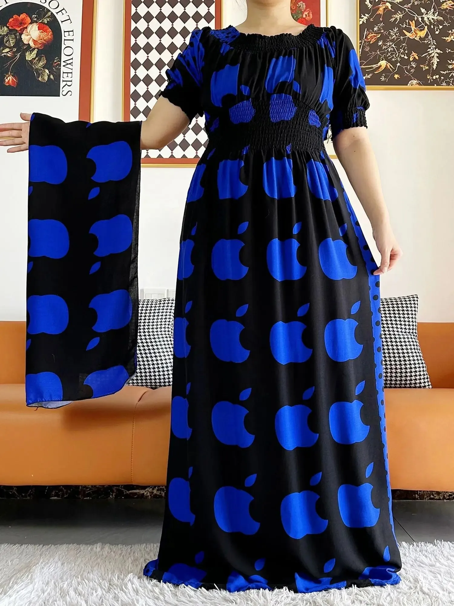 Dashiki Cotton Floral Print Dress for Women - Vibrant Tie-dye Design, Short Sleeves