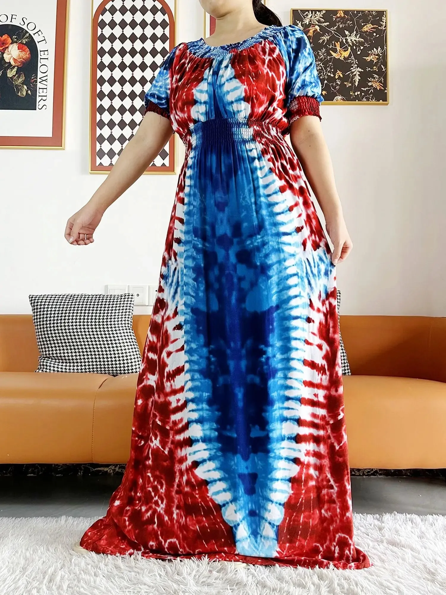Dashiki Cotton Floral Print Dress for Women - Vibrant Tie-dye Design, Short Sleeves