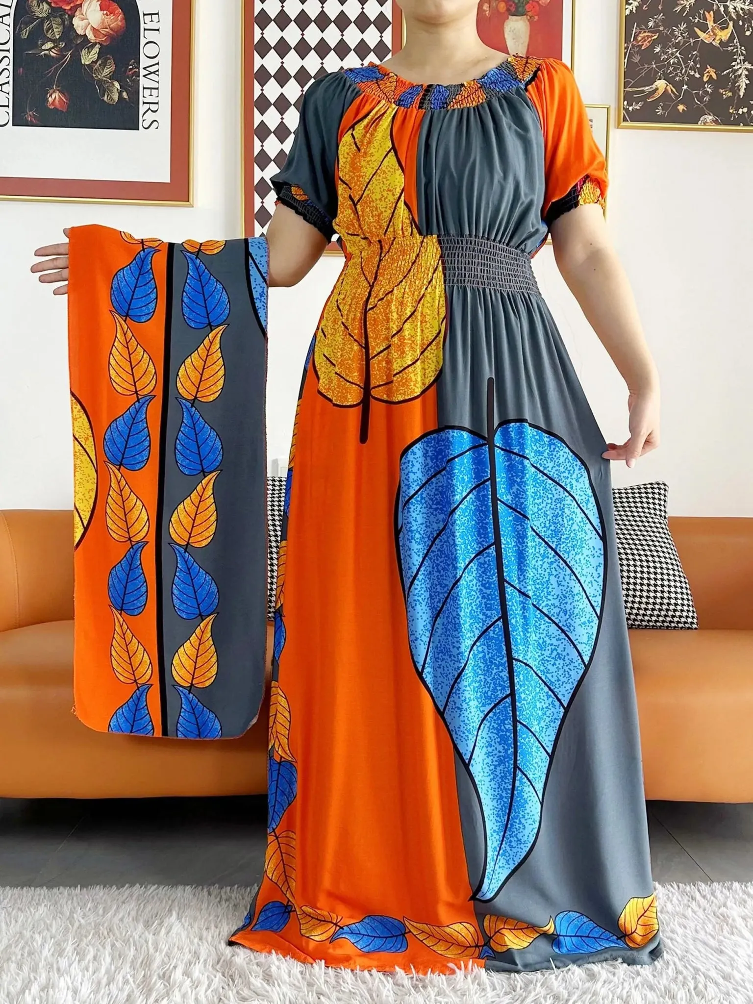 Dashiki Cotton Floral Print Dress for Women - Vibrant Tie-dye Design, Short Sleeves
