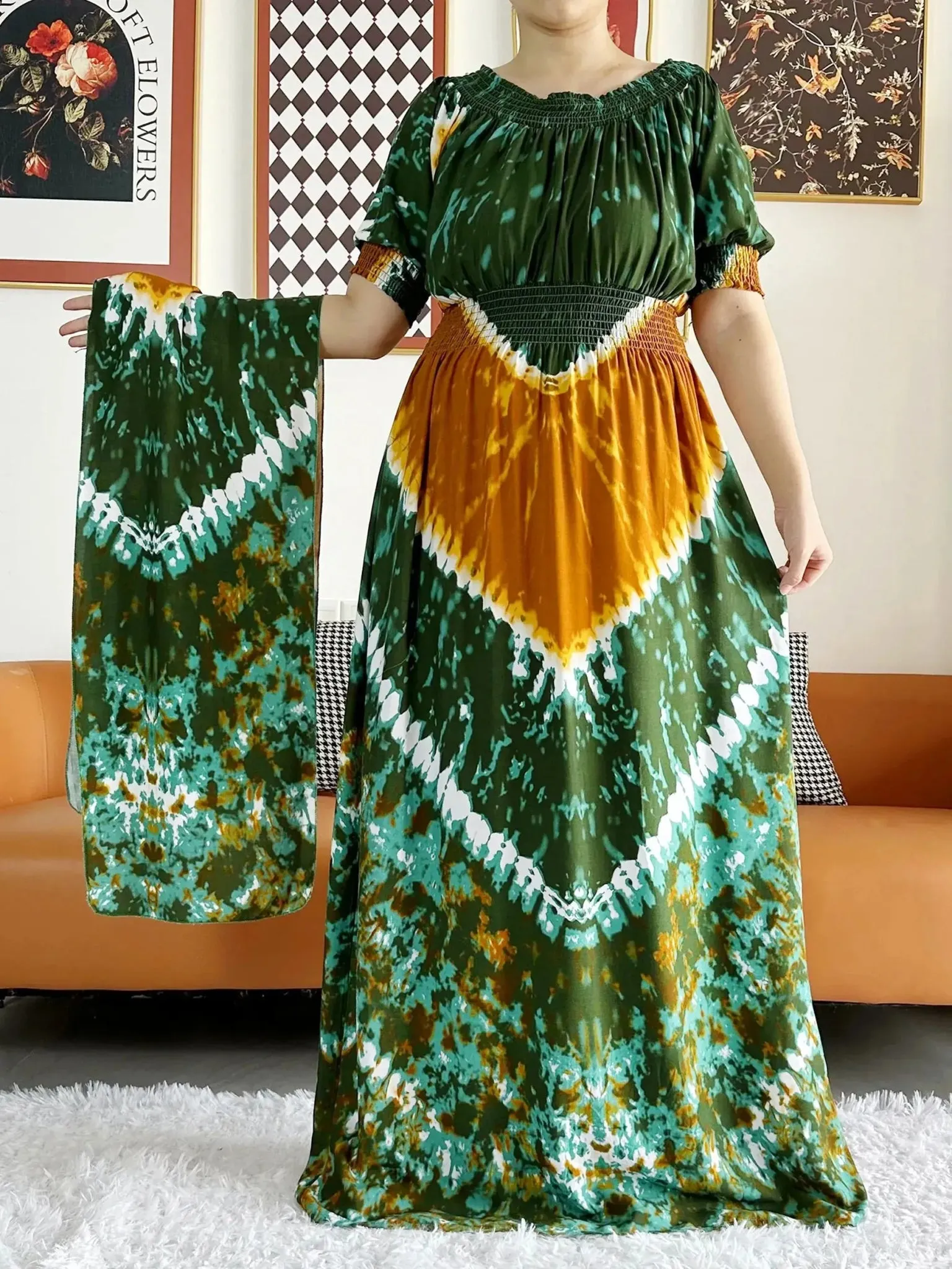 Dashiki Cotton Floral Print Dress for Women - Vibrant Tie-dye Design, Short Sleeves