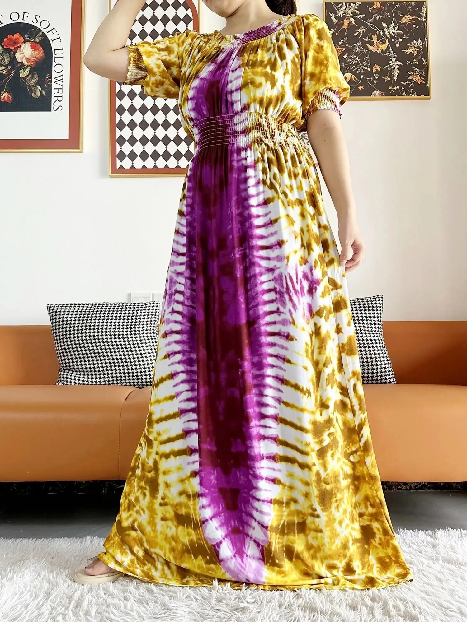 Dashiki Cotton Floral Print Dress for Women - Vibrant Tie-dye Design, Short Sleeves