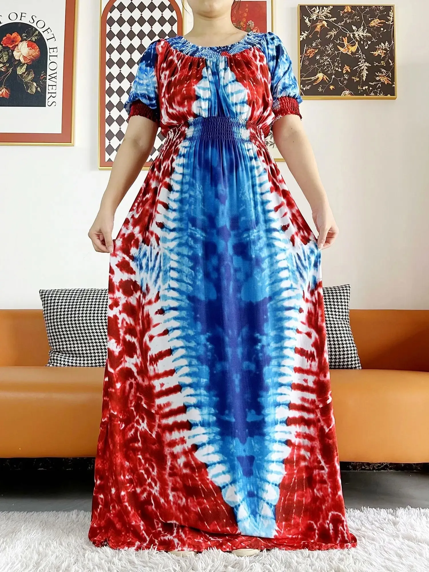 Dashiki Cotton Floral Print Dress for Women - Vibrant Tie-dye Design, Short Sleeves