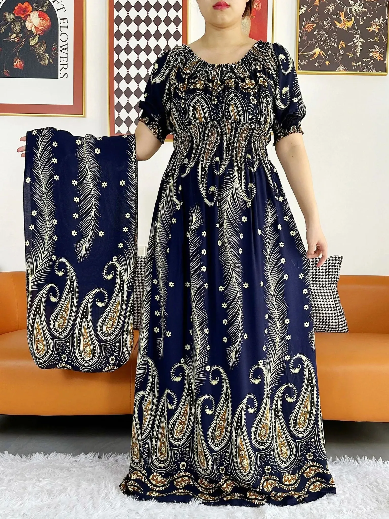 Dashiki Cotton Floral Print Dress for Women - Vibrant Tie-dye Design, Short Sleeves