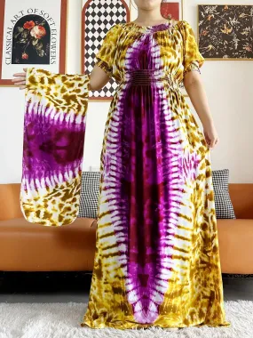 Dashiki Cotton Floral Print Dress for Women - Vibrant Tie-dye Design, Short Sleeves
