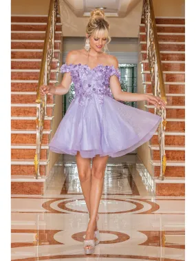 DQ 3254 - Off the Shoulder Short Homecoming Dress with 3D Floral Applique Lace Up Corset Back & Glitter Tulle Skirt