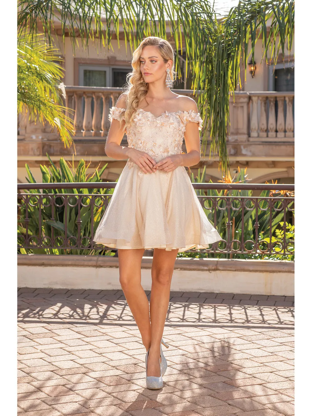 DQ 3254 - Off the Shoulder Short Homecoming Dress with 3D Floral Applique Lace Up Corset Back & Glitter Tulle Skirt